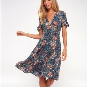 Lulus Navy Blue Floral Print Tie-Sleeve Midi Dress